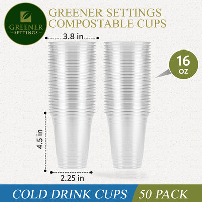 16 oz. Clear Compostable Disposable Cups, Cold Drink Cups [50-Pack] - Perfect Settings Tableware