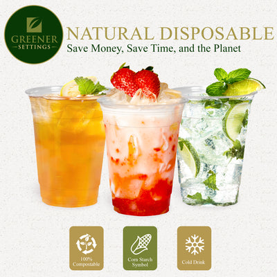 16 oz. Clear Compostable Disposable Cups, Cold Drink Cups [50-Pack] - Perfect Settings Tableware