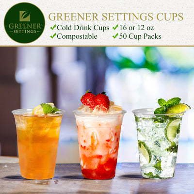 16 oz. Clear Compostable Disposable Cups, Cold Drink Cups [50-Pack] - Perfect Settings Tableware