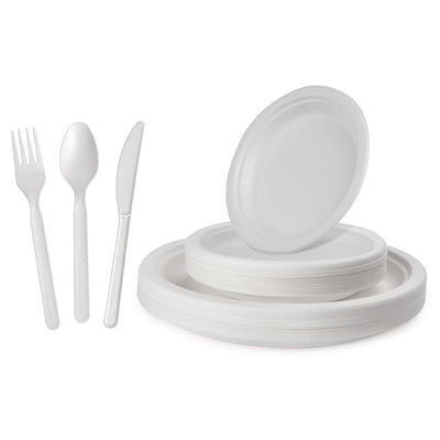 10 in. & 7 in. White Compostable Disposable Paper Plate Set Plus Cutlery [25 Guest Service] - Perfect Settings Tableware