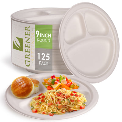 9 in. Unbleached Compostable Disposable Paper 3-Section Plates [125-Pack]