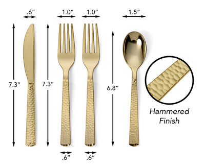 300 Pieces Gold Plastic Disposable Cutlery Set - Metallic Plastic with a Hammered Finish - 75 Spoons, 75 Knives, 150 Forks - Perfect Settings Tableware