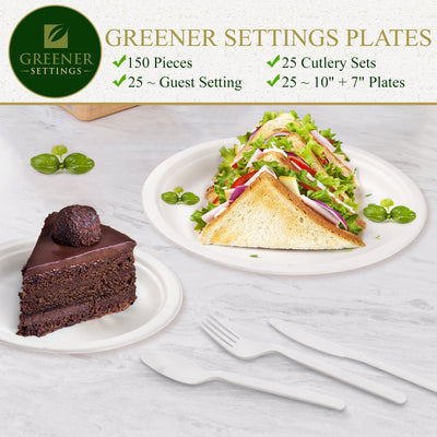 10 in. & 7 in. White Compostable Disposable Paper Plate Set Plus Cutlery [25 Guest Service] - Perfect Settings Tableware