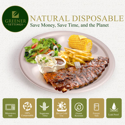 9 in. Unbleached Compostable Disposable Paper 3-Section Plates [125-Pack]