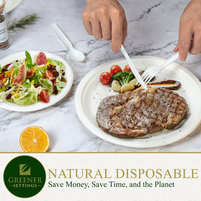 10 in. & 7 in. White Compostable Disposable Paper Plate Set Plus Cutlery [25 Guest Service]