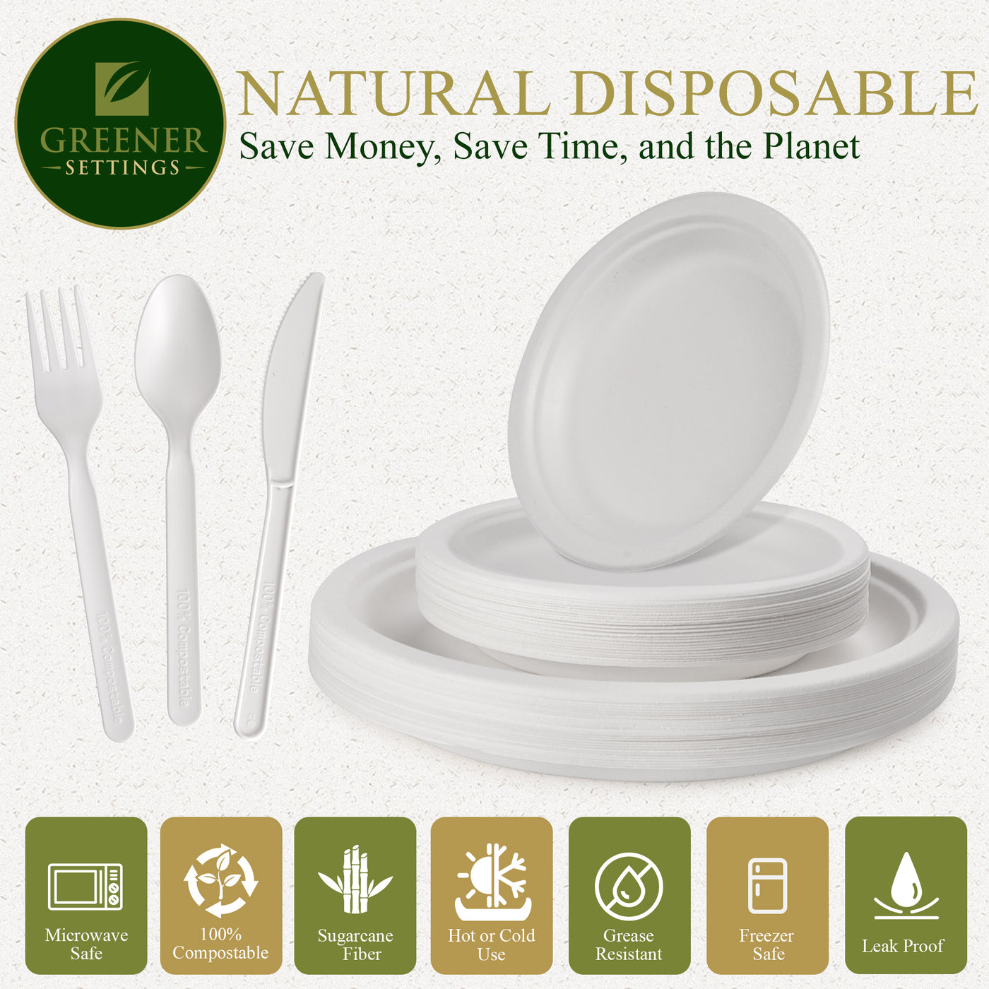 Greener Settings 10/7 in. White Compostable Disposable Paper Plate Set Plus Cutlery [25 Guest Service]