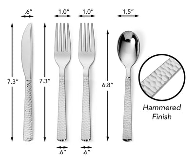 300 Pieces Silver Plastic Cutlery Set - Silver Metallic Plastic Silverware - Hammered Finish - 75 Spoons, 75 Knives, 150 Forks - Perfect Settings Tableware