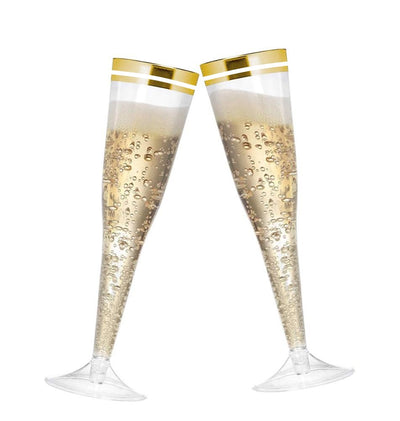 Perfect Settings 100 Pack Plastic Champagne Flutes with Gold Rim | Disposable Glasses for Parties, Mimosa Bar, Weddings and Showers - Perfect Settings Tableware