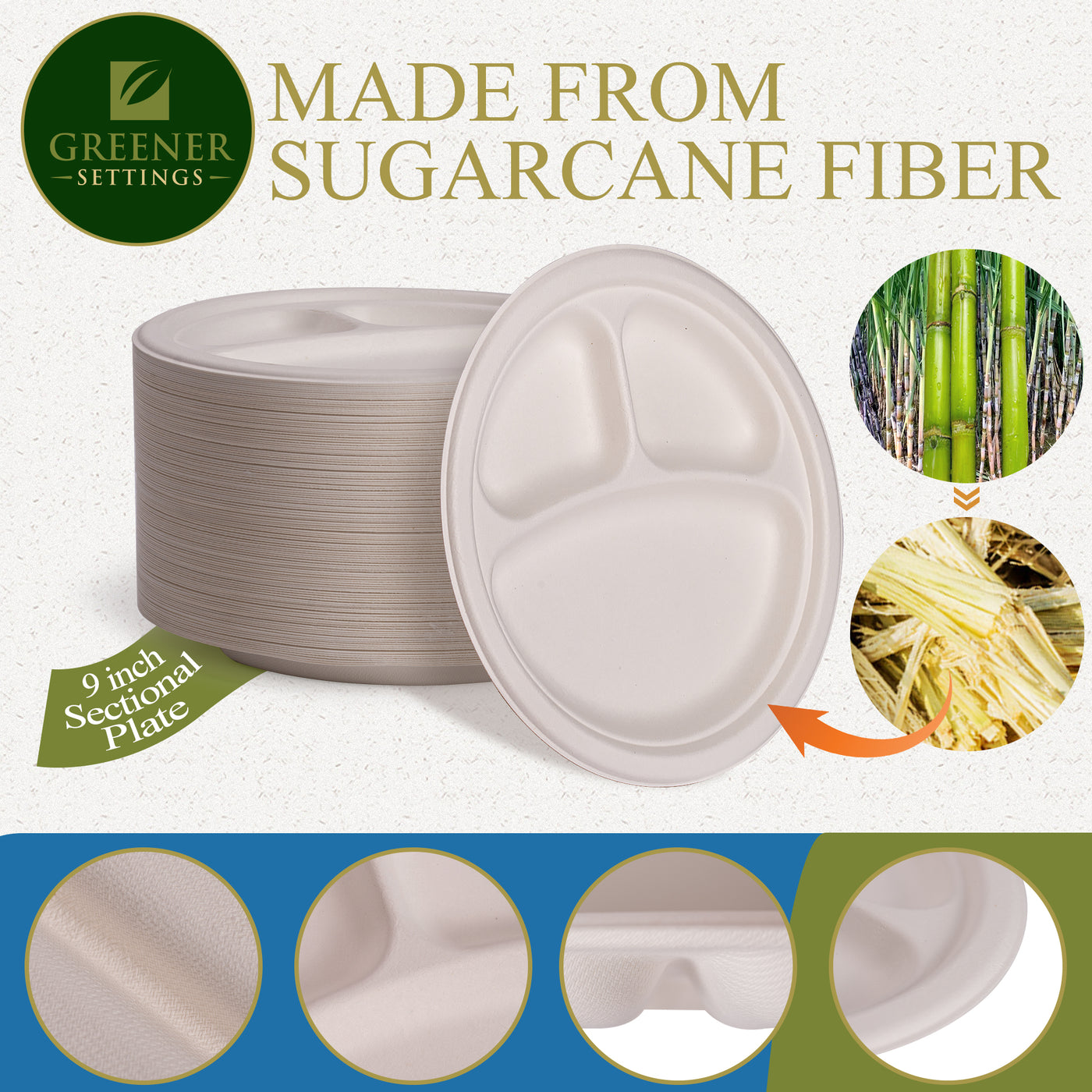 9 in. Unbleached Compostable Disposable Paper 3-Section Plates [125-Pack]