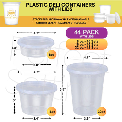 Perfect Settings Plastic Deli Containers with Lids [44 Sets] Variety Pk 8oz, 16oz & 32oz | Leakproof, Freezer Safe Soup & Food Storage | Microwavable Food Containers with Lids - Perfect Settings Tableware