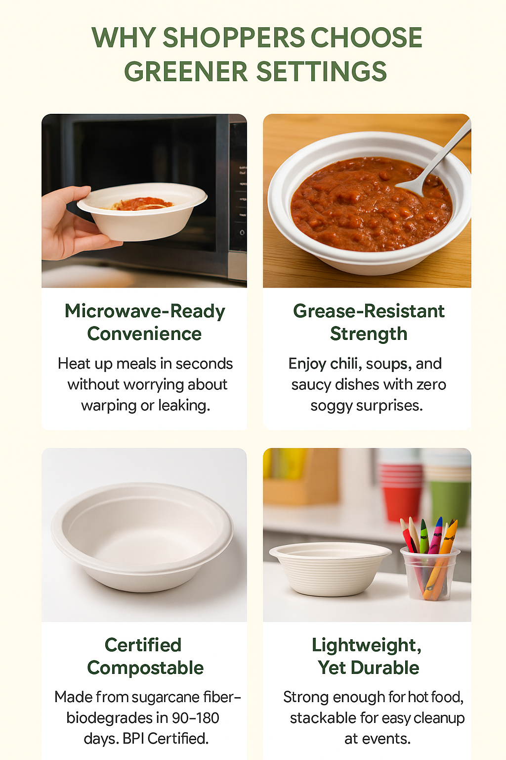 12 oz Compostable Paper Bowls – 125-Pack | Bagasse, Microwave & Freezer Safe, Leak-Resistant, Cut-Resistant, Heavy Duty - Perfect Settings Tableware