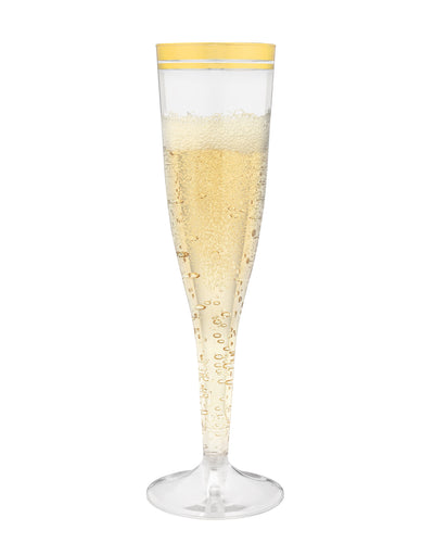 Perfect Settings 100 Pack Plastic Champagne Flutes with Gold Rim | Disposable Glasses for Parties, Mimosa Bar, Weddings and Showers - Perfect Settings Tableware