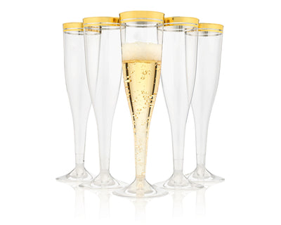 Perfect Settings 100 Pack Plastic Champagne Flutes with Gold Rim | Disposable Glasses for Parties, Mimosa Bar, Weddings and Showers - Perfect Settings Tableware