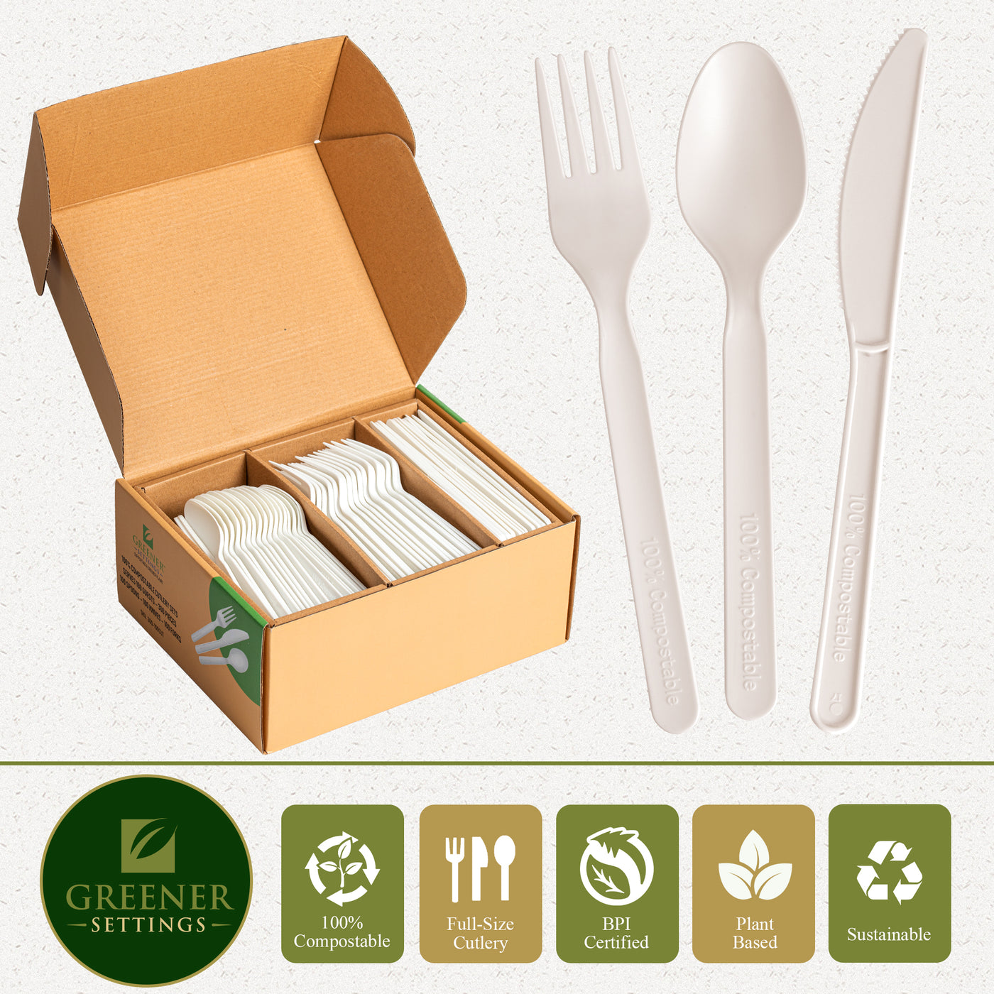 Compostable Disposable Plant Based Cutlery Set (100 Sets) - Perfect Settings Tableware