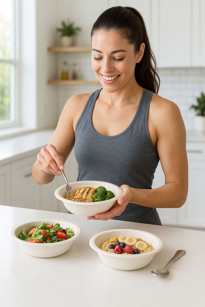 12 oz Compostable Paper Bowls – 125-Pack | Bagasse, Microwave & Freezer Safe, Leak-Resistant, Cut-Resistant, Heavy Duty - Perfect Settings Tableware