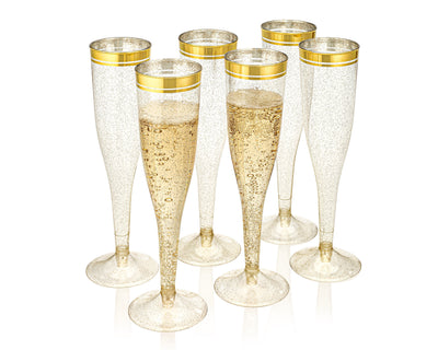 Perfect Settings 36 Pack Plastic Champagne Flutes Gold Glitter / Gold Rim | Disposable and Elegant Gold Glitter Glasses for Parties, Weddings, and Showers - Perfect Settings Tableware