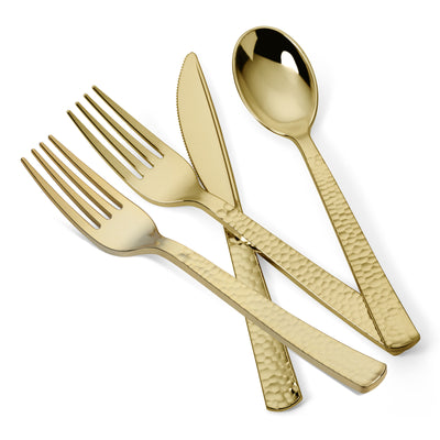 300 Pieces Gold Plastic Disposable Cutlery Set - Metallic Plastic with a Hammered Finish - 75 Spoons, 75 Knives, 150 Forks