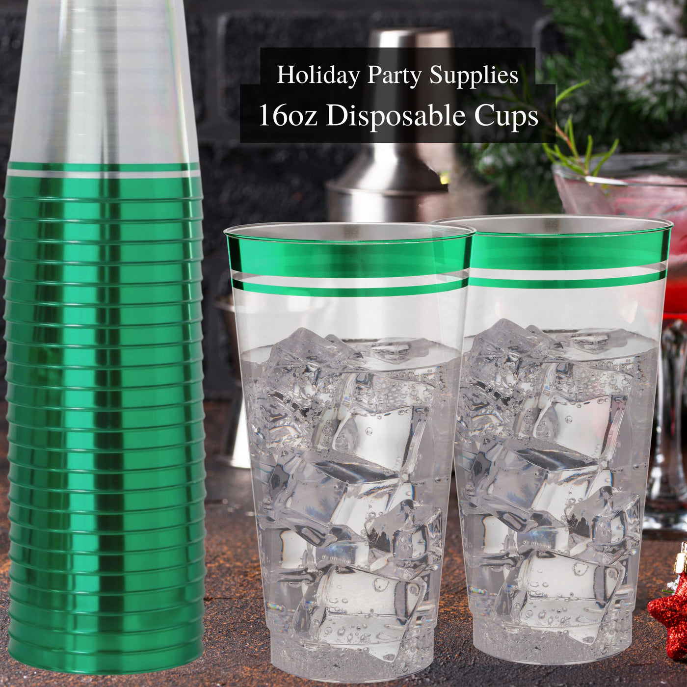 Perfect Settings 16 oz Clear Disposable Hard Plastic Cups Green Rim - 100 Count - Perfect Settings Tableware
