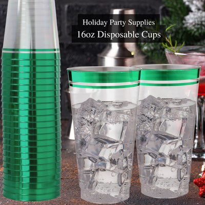 Perfect Settings 16 oz Clear Disposable Hard Plastic Cups Green Rim - 100 Count - Perfect Settings Tableware