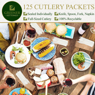 Compostable Disposable Plant Based Sealed Cutlery Packets (125 Sets) - Perfect Settings Tableware