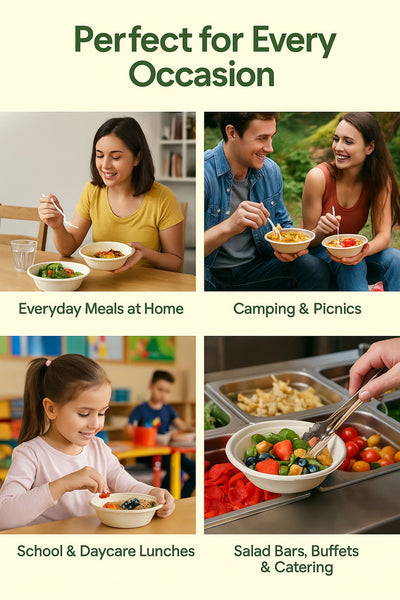 12 oz Compostable Paper Bowls – 125-Pack | Bagasse, Microwave & Freezer Safe, Leak-Resistant, Cut-Resistant, Heavy Duty - Perfect Settings Tableware