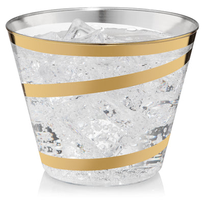 Perfect Settings 110 Gold Rimmed Clear Plastic Disposable Party Cups 9 Ounce - Gold Swirl - Name Brand Corner