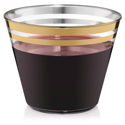 Perfect Settings 110 Gold Rimmed Clear Plastic Disposable Party Cups 9 Ounce - Two Line - Name Brand Corner