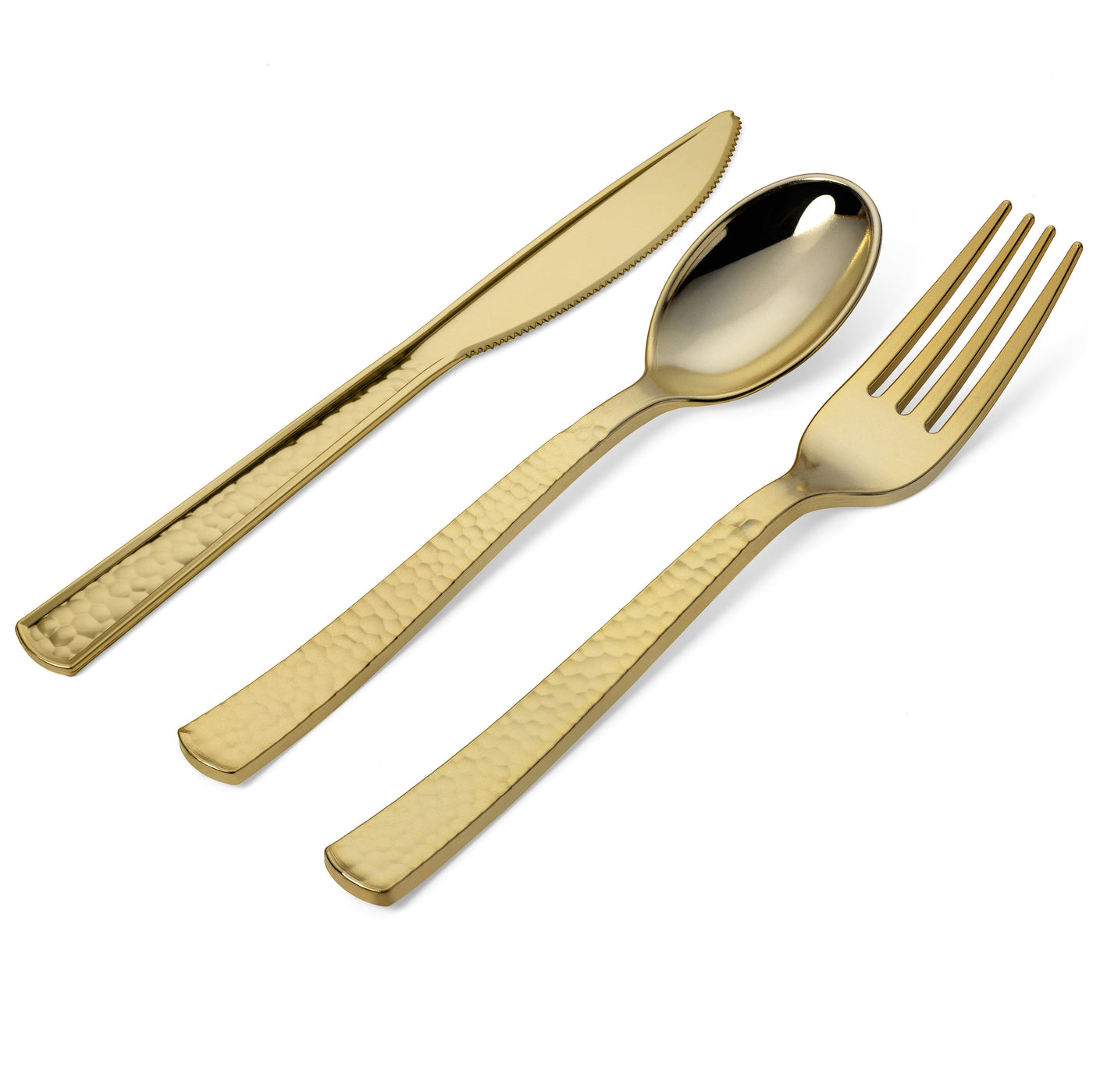 150 Pieces Gold Plastic Cutlery Set - Gold Metallic Plastic Silverware - Hammered Finish -50 Set - Perfect Settings Tableware