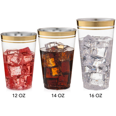 100 Premium Gold Rimmed Disposable Clear Plastic Cups 16 Ounce - Name Brand Corner