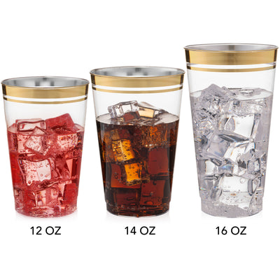 100 Premium Gold Rimmed Disposable Clear Plastic Cups 14 Ounce - Name Brand Corner