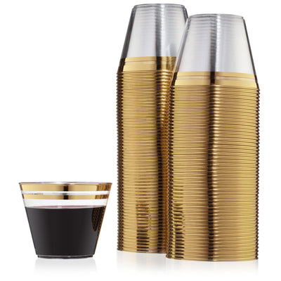 Perfect Settings 110 Gold Rimmed Clear Plastic Disposable Party Cups 9 Ounce - Two Line - Name Brand Corner