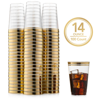 100 Premium Gold Rimmed Disposable Clear Plastic Cups 14 Ounce - Name Brand Corner