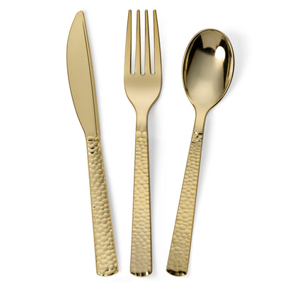 300 Pieces Gold Plastic Cutlery Set - Gold Metallic Plastic Silverware - Hammered Finish - 75 Spoons, 75 Knives, 150 Forks