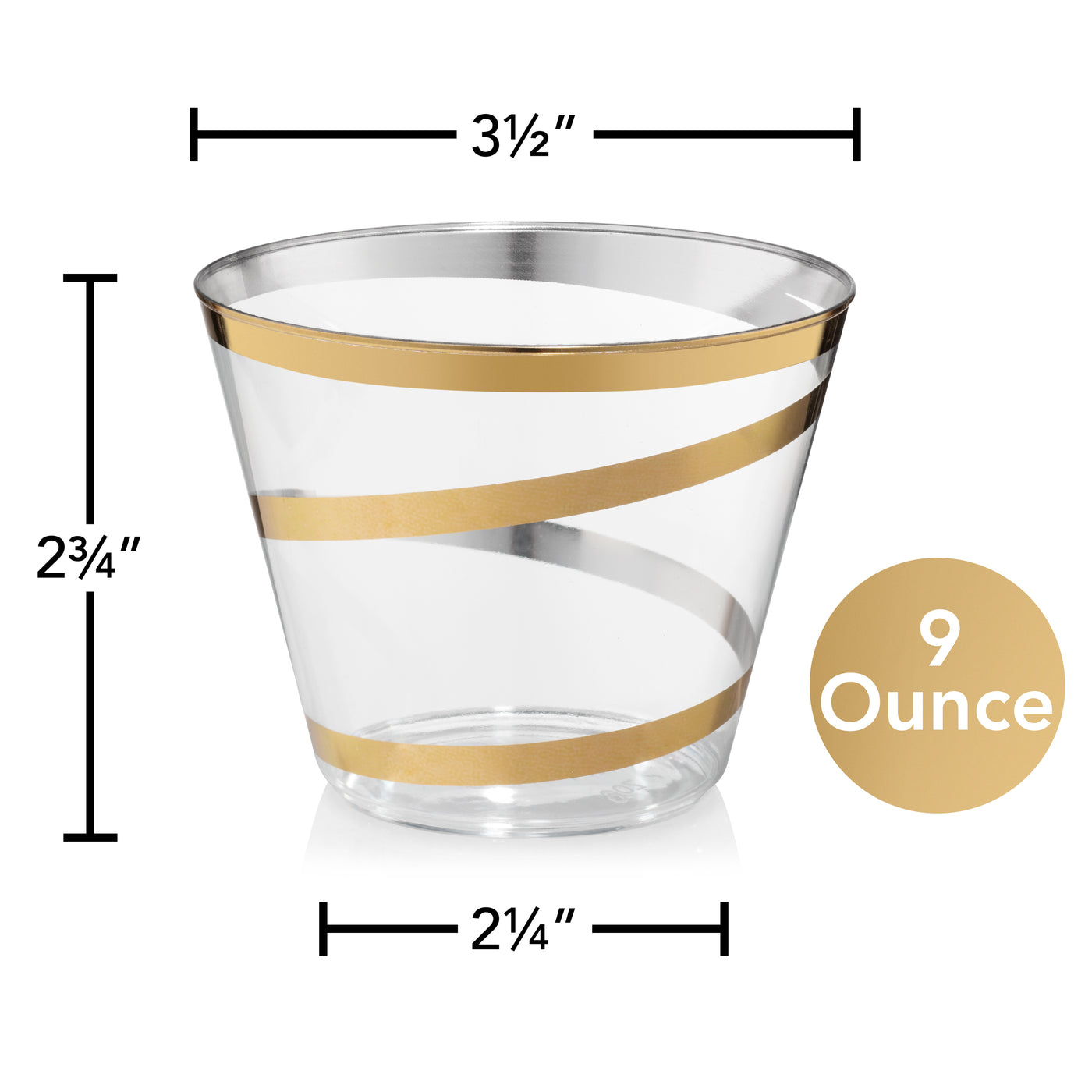 Perfect Settings 110 Premium Gold Rimmed (4 Ring) Clear Plastic Disposable Party Cups 9 Ounce Holiday Gathering or Wedding Party Elegant Disposable
