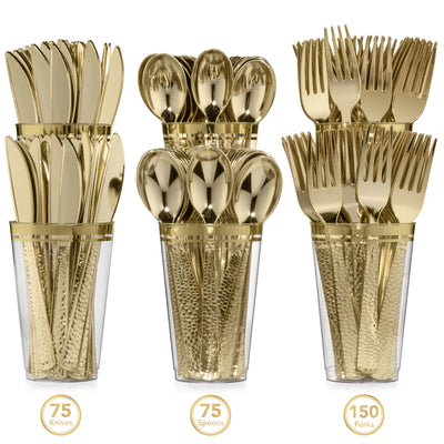 300 Pieces Gold Plastic Cutlery Set - Gold Metallic Plastic Silverware - Hammered Finish - 75 Spoons, 75 Knives, 150 Forks