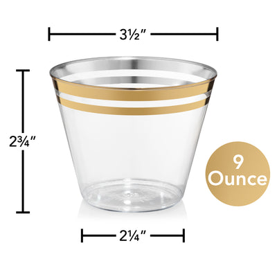Perfect Settings 110 Gold Rimmed Clear Plastic Disposable Party Cups 9 Ounce - Two Line - Name Brand Corner