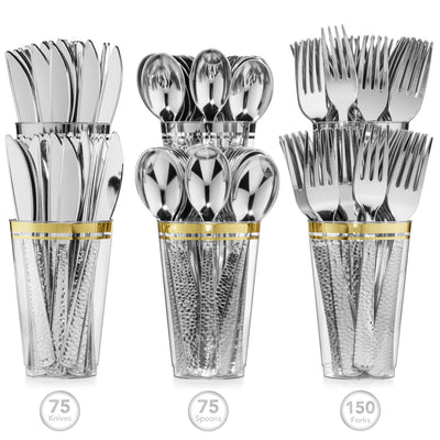 300 Pieces Silver Plastic Cutlery Set - Silver Metallic Plastic Silverware - Hammered Finish - 75 Spoons, 75 Knives, 150 Forks - Perfect Settings Tableware