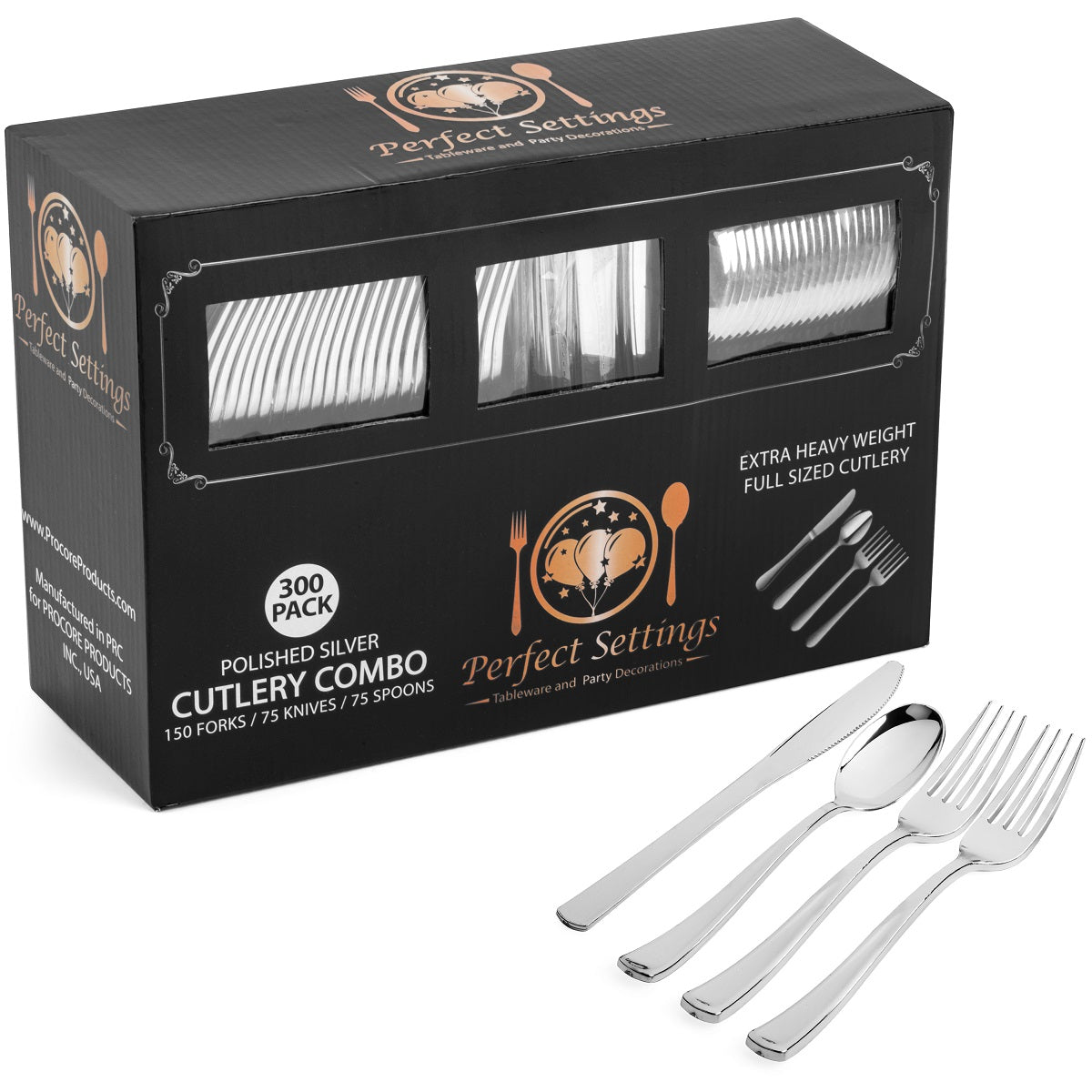 Perfect Settings 300 Piece Silver Plastic Cutlery Silverware Disposable Set (Smooth Edge) - Name Brand Corner