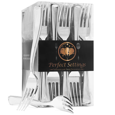 Perfect Settings 125 Silver Plastic Forks Cutlery Silverware Flatware - Name Brand Corner