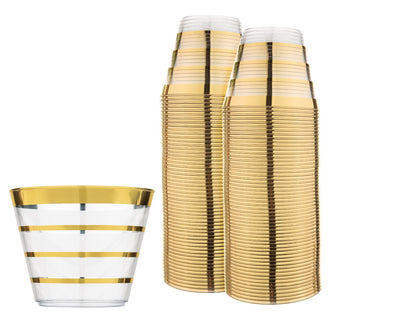 Perfect Settings 110 Gold Rimmed Clear Plastic Disposable Party Cups 9 Ounce - Four Line - Name Brand Corner