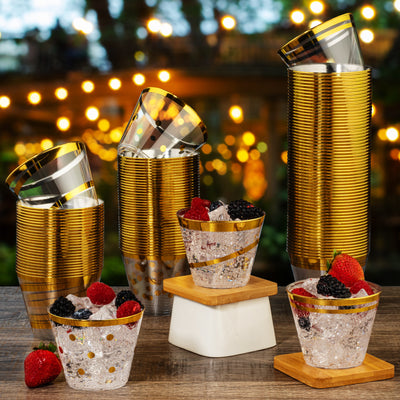Perfect Settings 110 Gold Rimmed Clear Plastic Disposable Party Cups 9 Ounce - Gold Polka Dot - Name Brand Corner
