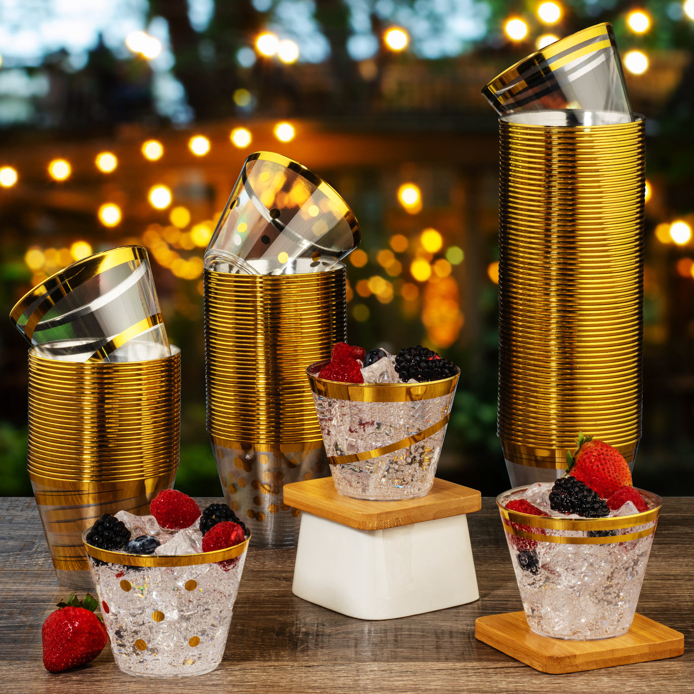 Perfect Settings 110 Gold Rimmed Clear Plastic Disposable Party Cups 9 Ounce - Gold Swirl - Name Brand Corner