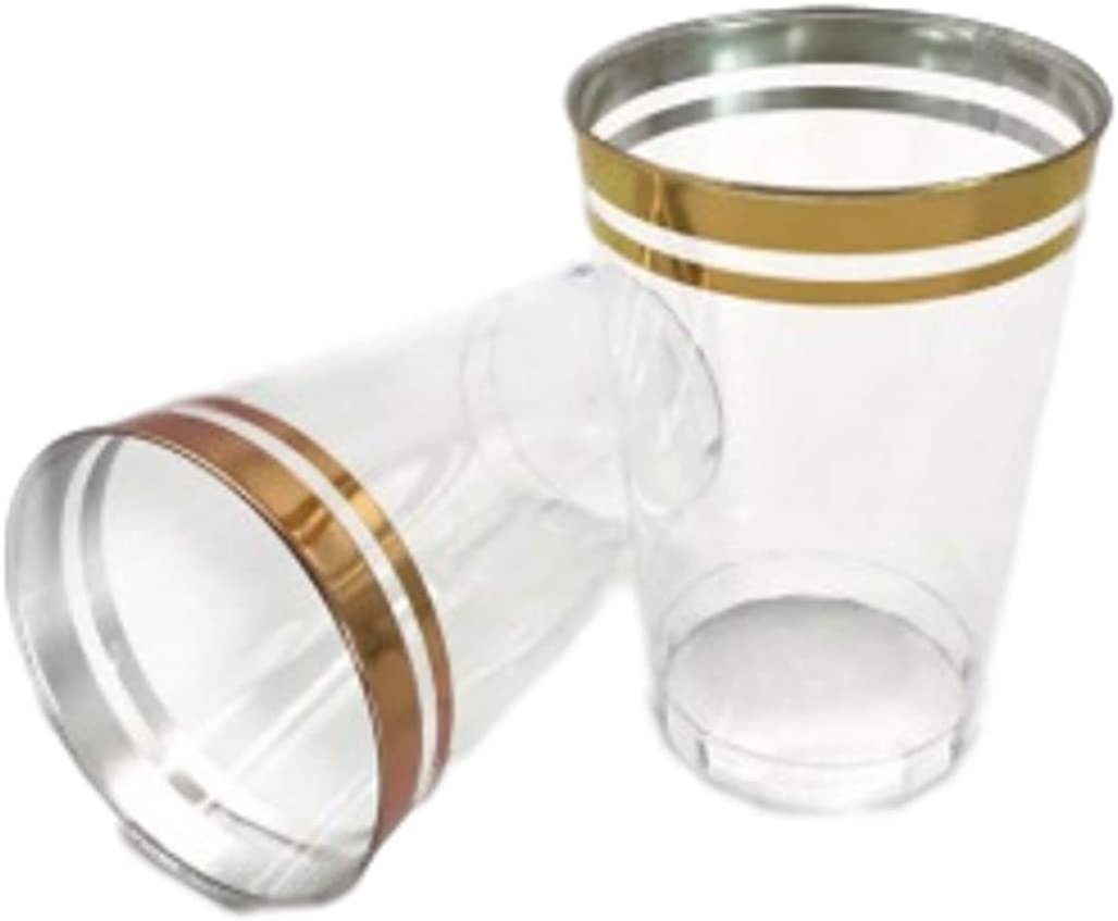 Perfect Settings 100 Premium Gold Plastic Cups Clear Plastic Double Gold Rimmed Cups Fancy Disposable Wedding Cups Elegant Party Cups with Twin Gold