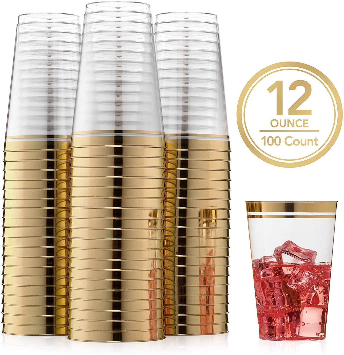 100 Premium Gold Rimmed Disposable Clear Plastic Cups 12 Ounce - Name Brand Corner
