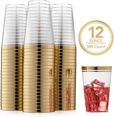 100 Premium Gold Rimmed Disposable Clear Plastic Cups 12 Ounce - Name Brand Corner