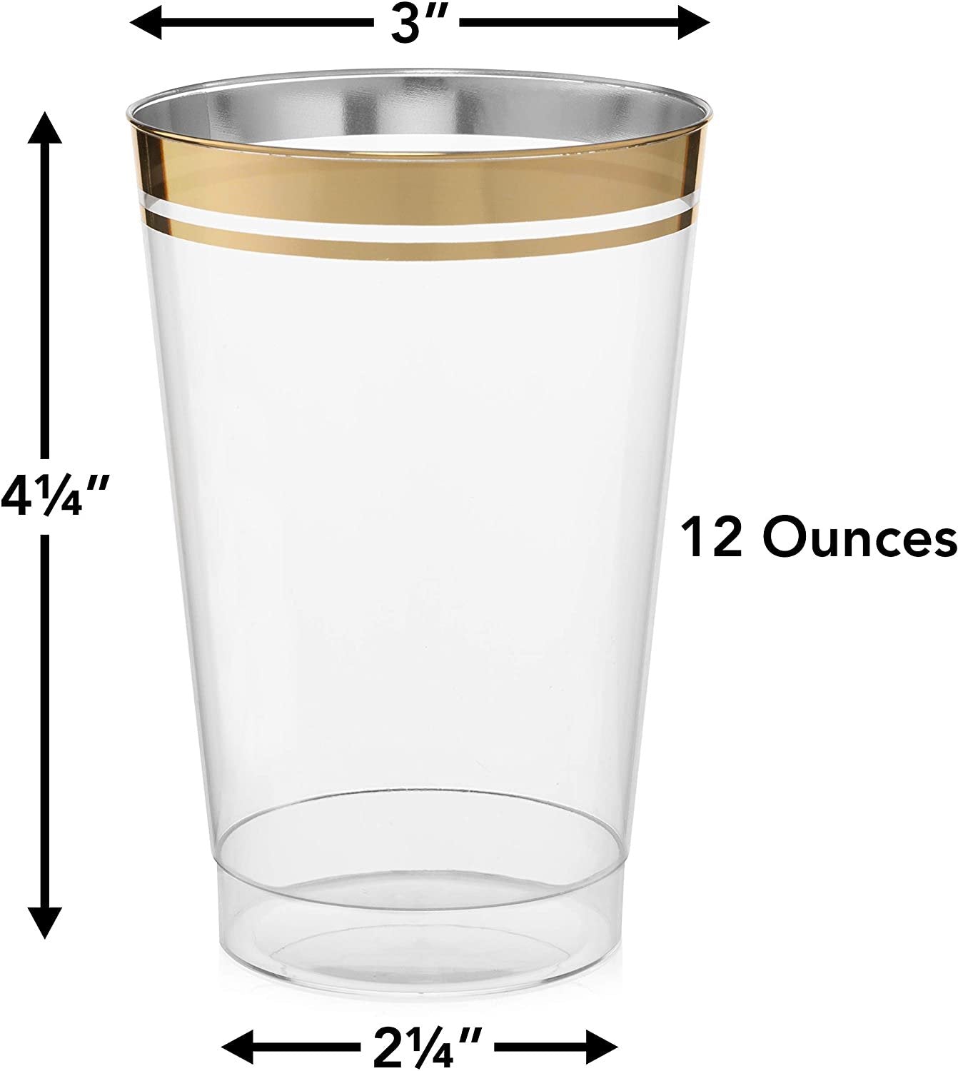 100 Premium Gold Rimmed Disposable Clear Plastic Cups 12 Ounce - Name Brand Corner