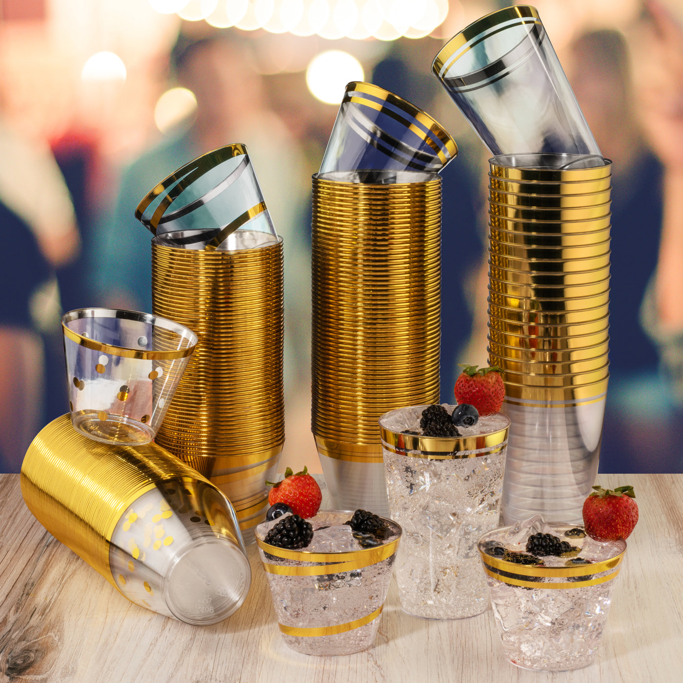 100 Gold Plastic Cups 14 Oz Gold Glitter with a Gold Rim - Premium